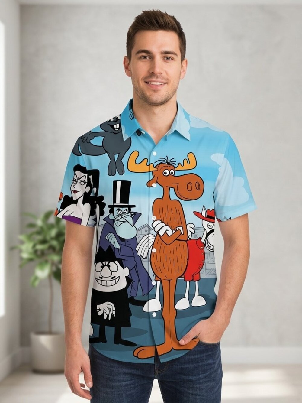 Rocky & Bullwinkle Button‑Up • Retro Cartoon Graphic Shirt • Unisex